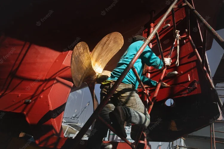 Worker painting the hull of a ship in a shipyard