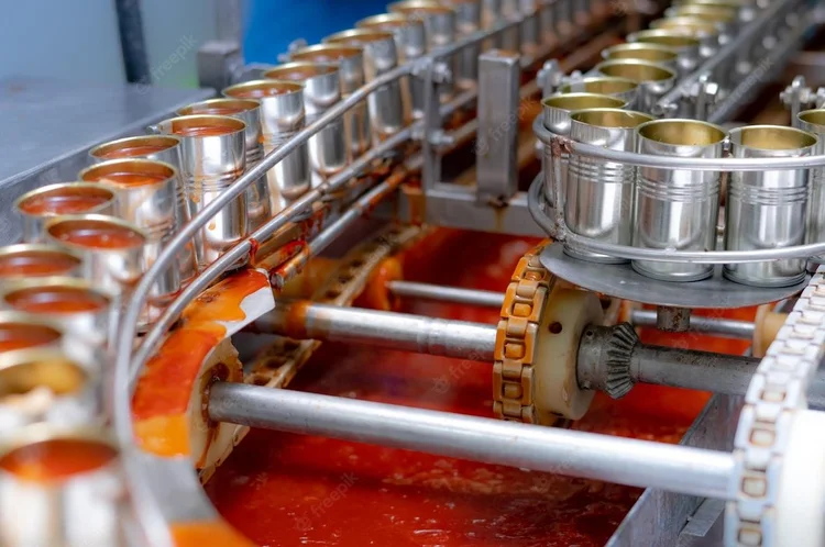 Canned sardines moving along a fish processing line