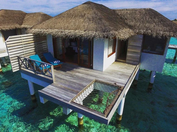 Aerial view of a Maldives resort island